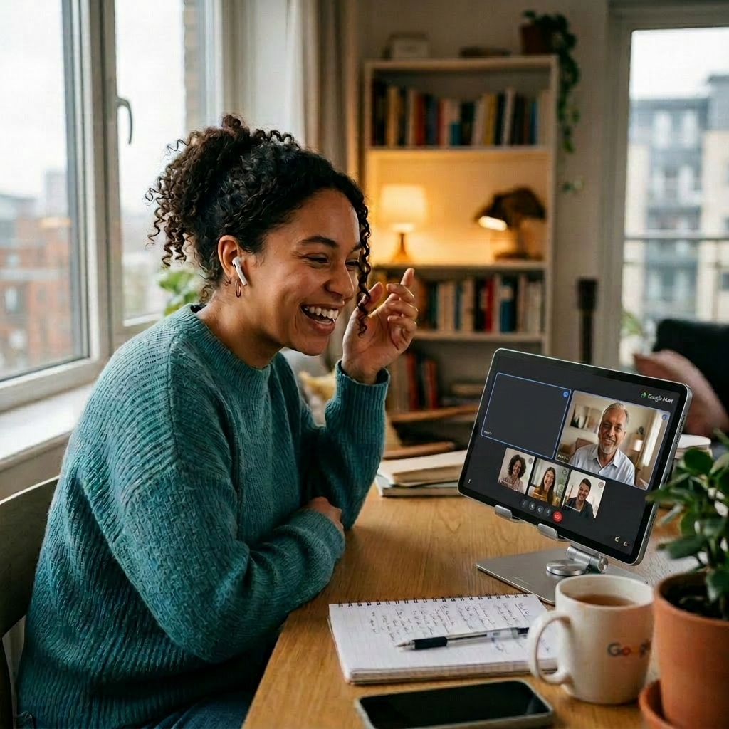 Woman wearing earbuds smiling during a video call on a laptop with four other participants